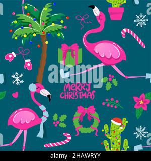 Carino natale nel modello di luglio - adorabile fenicottero, cactus, illustrazione di palme. Set di noodle disegnate a mano per bambini. Adatto per tessuti, vivai, wallpa Illustrazione Vettoriale