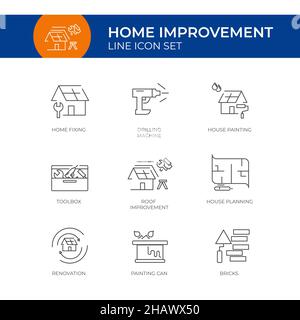 Home linea di miglioramento icona set modello vettoriale di fissaggio casa, pittura casa, perforazione, pianificazione casa e altri Illustrazione Vettoriale