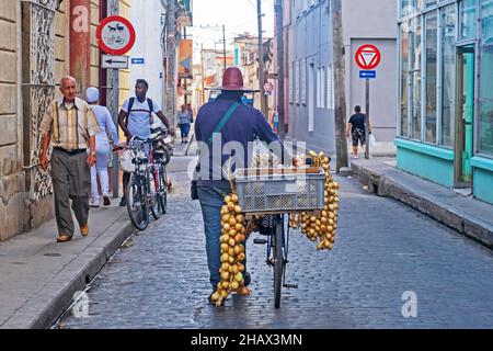 Venditore di strada cubano con biciclette che vendono cipolle nel centro storico della città Camagüey sull'isola Cuba, Caraibi Foto Stock