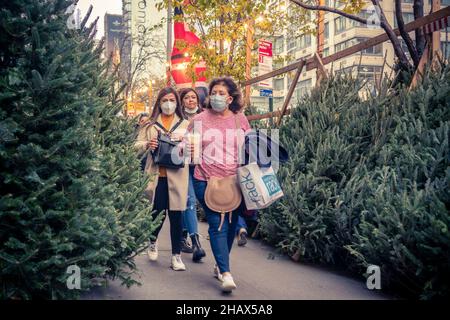 Passer-by passeggiata attraverso la foresta di un venditore di alberi di Natale nel quartiere Chelsea di New York lunedì 6 dicembre 2021. (© Richard B. Levine) Foto Stock