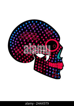 Icona cranio, sfondo neon mezzitoni per design, motivi e tatuaggi moda Foto Stock