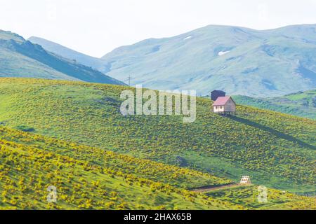 Casa isolata in legno in montagna con splendida natura verde intorno e vista sulle montagne. Georgia destinazione di viaggio. Foto Stock