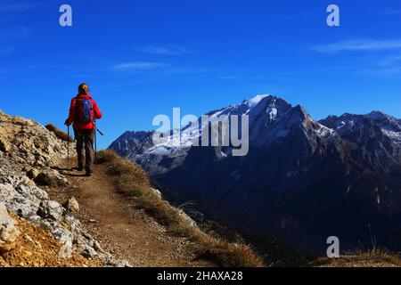 Dolomiten, schöne Frau wandert auf Berge und Felsen am Langkofel, Sasso lungo mit Blick und Aussicht auf die Marmolada, Marmolata in Südtirol Foto Stock