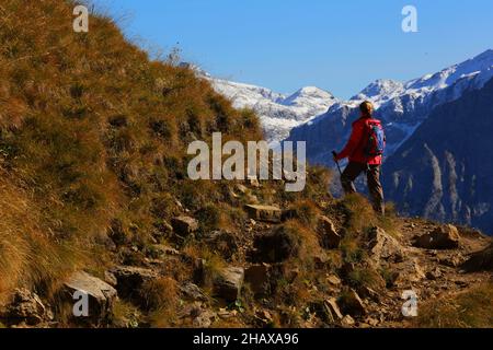 Dolomiten, schöne Frau wandert auf Berge und Felsen am Langkofel, Sasso lungo mit Blick und Aussicht auf die Marmolada, Marmolata in Südtirol Foto Stock