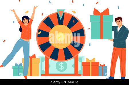 La gente che vince i regali sulla ruota di fortuna. Giocatori felici Illustrazione Vettoriale