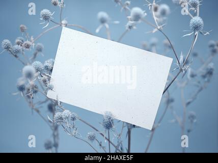 Composizione invernale. Foglio bianco di carta su un ramo di una pianta spinosa asciutta. Sfondo blu, profondità di campo poco profonda. Il concetto di naturalità. Foto Stock