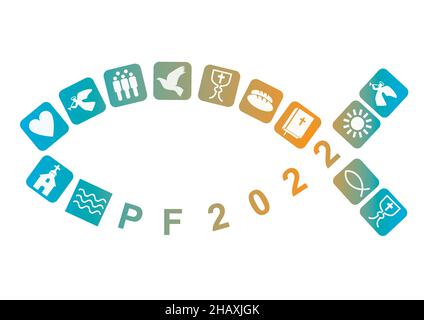 Gesù simbolo, felice anno nuovo con simboli cristiani. PF card nuovo anno 2022 con pesci e icone colorate stilizzate cristiane. Vettore disponibile. Illustrazione Vettoriale