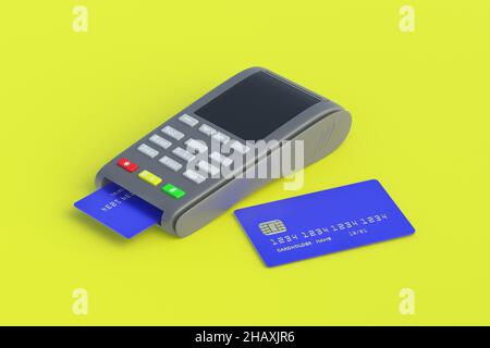 Registratore di cassa portatile con carta di credito in plastica su sfondo giallo. 3d rendering Foto Stock