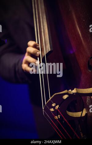 Primo piano di un uomo che suona un doppio basso Foto Stock