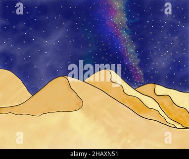 paesaggio notturno del deserto con stelle sul cielo Foto Stock