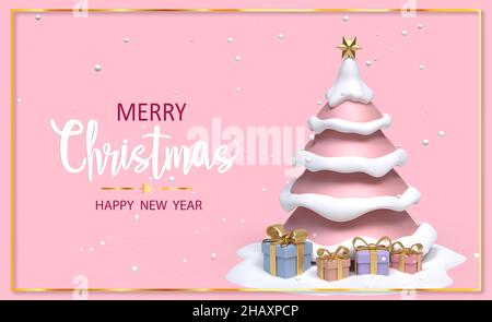 Biglietto di auguri rosa di Natale con albero di natale. 3D illustrazione Foto Stock