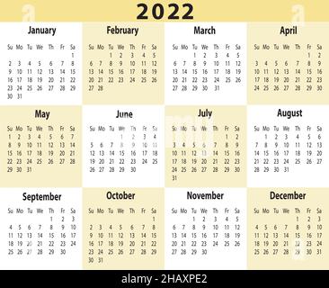 Calendario dell'anno 2022 una pagina orizzontale Illustrazione Vettoriale