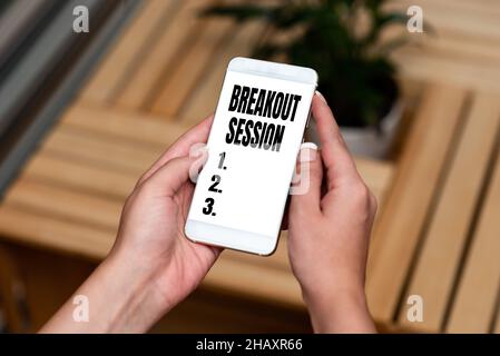 Firmare la visualizzazione della sessione di interruzione. Discussione o presentazione del workshop sull'approccio aziendale su argomenti specifici funzionalità di chiamata vocale e video Foto Stock