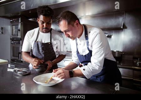 Colleghi multietnici professionisti concentrati in grembiuli che cucinano zuppa di pesce in cucina del ristorante con cucina raffinata Foto Stock