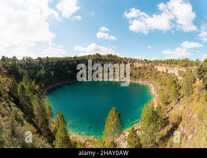 Turista femminile irriconoscibile in piedi con cane sulla riva del lago con acqua calma e godere di vista del pittoresco cielo nuvoloso Foto Stock
