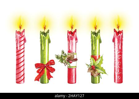 acquerello natale candela collezione vettoriale disegno illustrazione Illustrazione Vettoriale