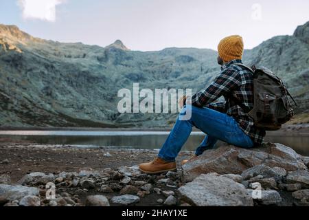 Contenuto femmina etnico che abbraccia American Staffordshire Terrier con lingua fuori mentre si siede in poltrona nella stanza della casa Foto Stock