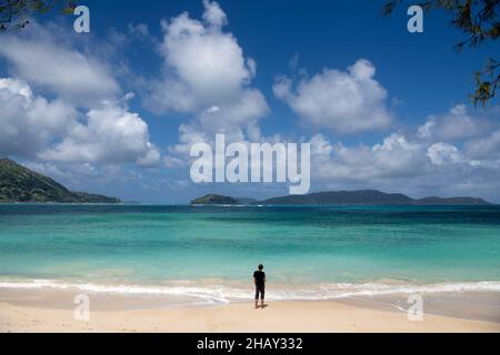 Anse Zigoui Beach Isola di Praslin con vista distante di la Digue Island Seychelles Foto Stock