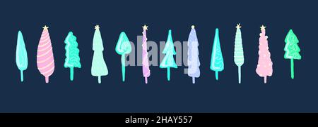 Set di alberi di Natale. Collezione invernale di alberi di Natale, design piatto. Foto Stock