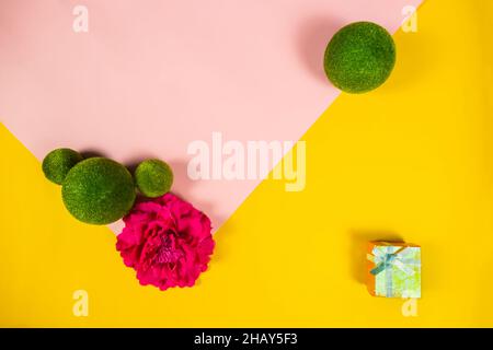 Sfondo banner Giornata Internazionale della Donna. Palline verdi su sfondo rosa e giallo con scatola regalo e fiore. Happy Mothers Day o 8 marzo. Telaio Foto Stock