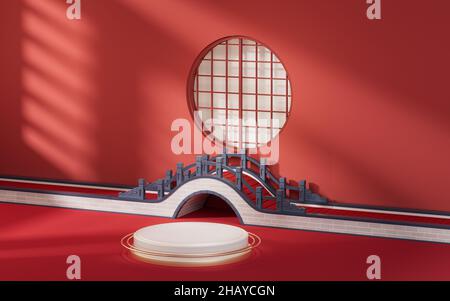 Palcoscenico vuoto con sfondo rosso di stile cinese, 3D rendering. Disegno digitale del computer. Foto Stock