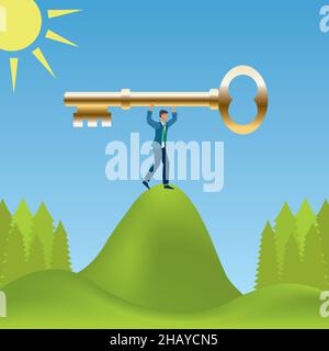 Uomo con chiave dorata in cima alla collina. Illustrazione vettoriale. EPS10. Illustrazione Vettoriale