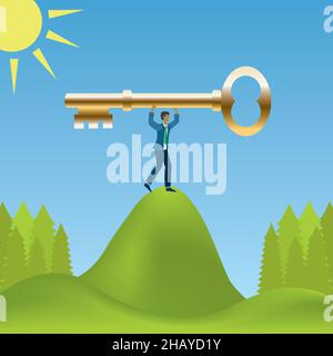 Uomo con chiave d'oro in cima alla collina verde. Illustrazione vettoriale. EPS10. Illustrazione Vettoriale