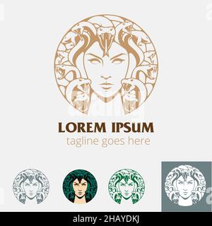 Medusa cerchio insignia vettore illustrazione linea arte stile Illustrazione Vettoriale