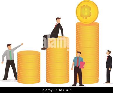 Uomini d'affari che vedono il valore di Bitcoin. Concetto finanziario e commerciale di bitcoin e criptovaluta. Illustrazione vettoriale isolata. Illustrazione Vettoriale