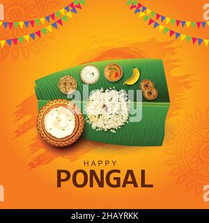 Festa di raccolta dell'India del sud, feste di Pongal felici saluti con gli elementi di Pongal, foglia di banana con il cibo di Pongal. Disegno vettoriale dell'illustrazione Illustrazione Vettoriale