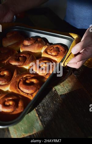 I cinaboni fatti in casa in una teglia da forno vengono prelevati dal forno. Vista frontale. Foto Stock