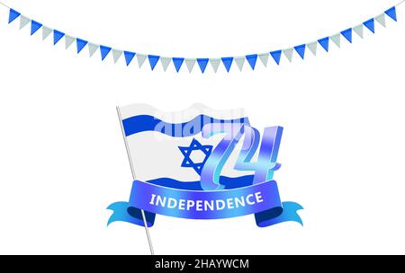 Israele Indipendenza giorno 74 anni. Banner con bandiera isolata su bianco. Illustrazione vettoriale. Illustrazione Vettoriale
