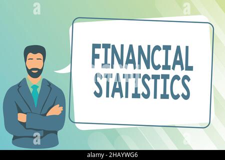 Firma che visualizza le statistiche finanziarie. Concetto che significa insieme completo dei dati di flusso e di scorta di un uomo dell'azienda che attraversa le mani Illustrazione Standing Foto Stock