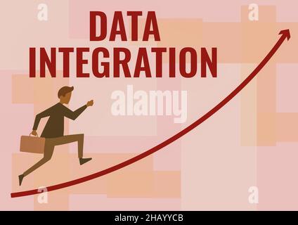 Firma visualizzazione integrazione dati. Foto concettuali combinazione di processi tecnici e aziendali per combinare businessman Running verso l'alto Holding Foto Stock