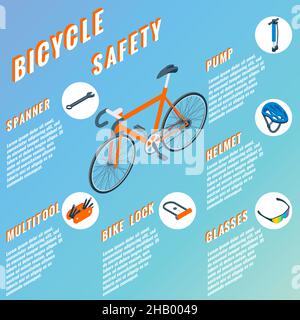 Infografica sul concetto di sicurezza delle biciclette. Set vettoriale di parti di bicicletta icone isometriche isolate. Oggetti per biciclette ed elementi di design. Attrezzi per riparazione bici. Illustrazione Vettoriale