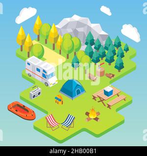 Concetto isometrico camping. Illustrazione vettoriale in stile 3D piatto. Attività all'aperto nel campo. Viaggia in camper in montagna Illustrazione Vettoriale