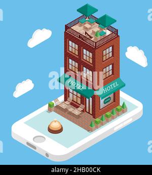 Edificio alberghiero su schermo di telefono cellulare in stile vettoriale isometrico. Prenotazione dell'hotel online tramite smartphone. Illustrazione in design piatto 3D. Edificio dell'hotel Illustrazione Vettoriale