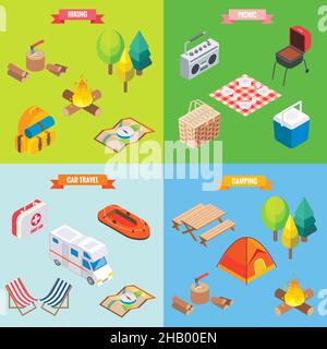 Camping di oggetti in stile isometrico vettoriale. Design isometrico Flat 3D. Vacanza in famiglia, escursioni, picnic, viaggio in auto. Campo posto nella foresta. Icone isolate Illustrazione Vettoriale