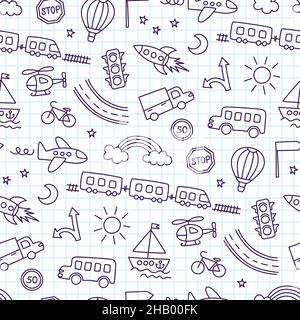Bambini disegno di automobili, treno, aereo, elicottero e razzo. Trasporto a spaghetti. Disegno dei bambini carino. Modello senza cuciture in stile capretto. Disegnato a mano Illustrazione Vettoriale
