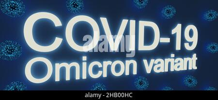 Medicina concetto di coronavirus virus covid 19 con titolo neon parole Omicron variante. 3d rendering Foto Stock