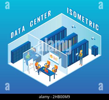 Illustrazione isometrica piatta del vettore interno del data center in sezione Illustrazione Vettoriale