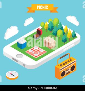 Picnic in un parco oggetti isometrici sullo schermo del telefono cellulare. Illustrazione vettoriale in stile 3D piatto. Rimani online ovunque, illustrazione concettuale Illustrazione Vettoriale