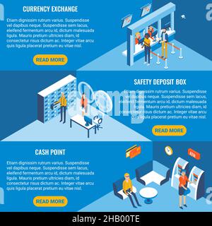 Set di banner orizzontali isometrici vettoriali per servizi bancari. Cambio valuta, cassetta di sicurezza e Cash point concept design elementi per web e pr Illustrazione Vettoriale