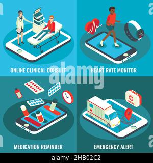 Set poster isometrico vettoriale piatto per servizi medici online Illustrazione Vettoriale