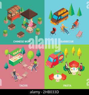 Set vettoriale di Street food concept poster quadrati o striscioni con barbecue e pasta camion, taco e wok cart cinese. Fast food e negozi di telefonia mobile Illustrazione Vettoriale