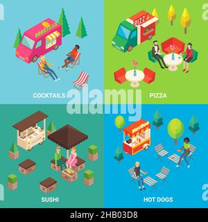 Set vettoriale di Street food concept poster quadrati o striscioni con camion per cocktail e pizza, sushi e hot dog cart. Fast food e acquirenti mobili Illustrazione Vettoriale