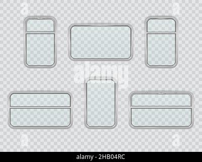 Treno, ferrovia, metropolitana e metropolitana realistiche finestre interne. Set vettoriale di occhiali trasparenti con telaio in metallo in carro. Abitacolo nella ferrovia Illustrazione Vettoriale