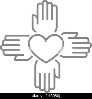 Quattro mani cerchiano con l'icona della linea cardiaca. Organizzazione di beneficenza, lavoro di squadra, simbolo di amicizia Illustrazione Vettoriale