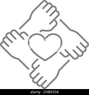 Icona linea cuore e quattro mani. Donazione, simbolo di solidarietà Illustrazione Vettoriale