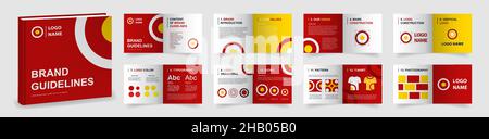 Modello delle linee guida per il marchio. Modello di linee guida per il logo rosso. Mockup di presentazione del manuale del marchio multiuso. Layout del manuale del logo Illustrazione Vettoriale